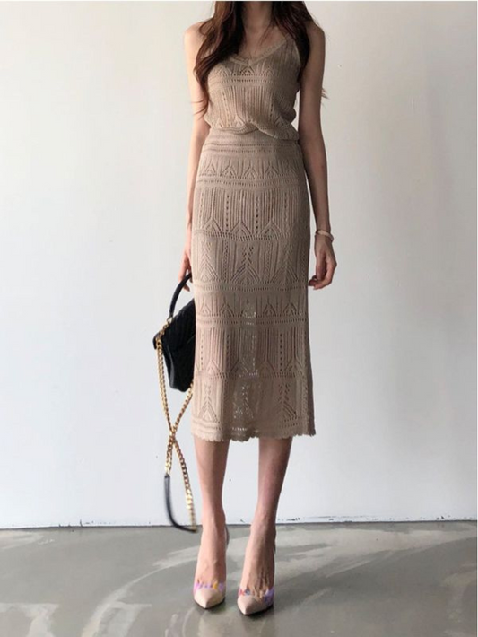 時尚針織洋氣加厚套裝裙(咖啡)K1001