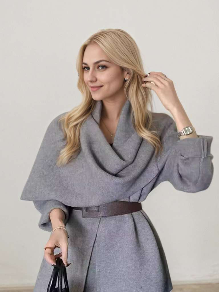 圍巾領氣質慵懶針織短版外套(灰)LI1001