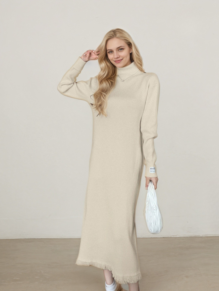 百搭高領寬鬆加厚流蘇針織洋裝(燕麥色)K1034