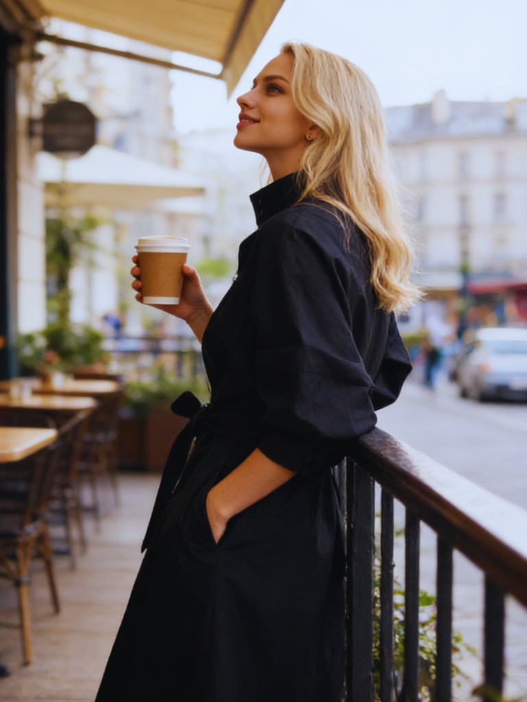 韓版氣質立領收腰長裙風衣兩穿E1033