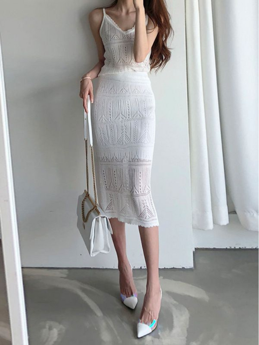 時尚針織洋氣加厚套裝裙(白)K1002