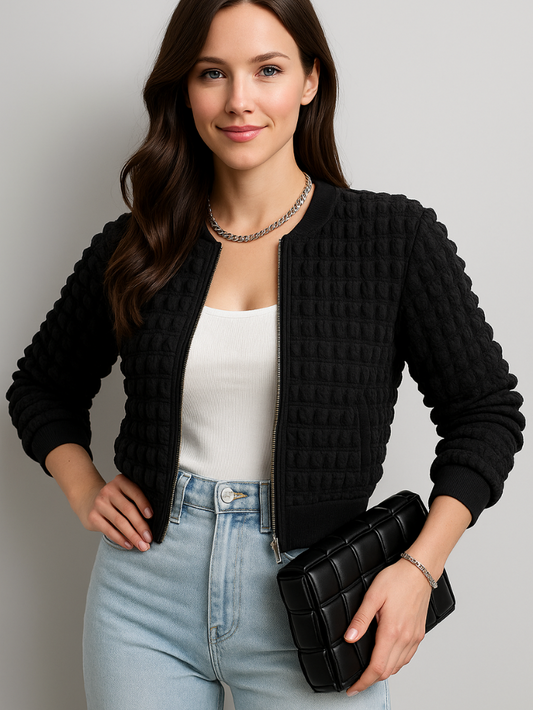 彈性泡泡格甜美百搭外套(黑)LI1005