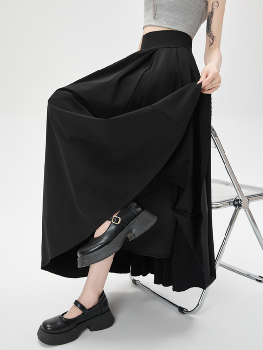 收腹高腰a字垂感百褶裙(黑)