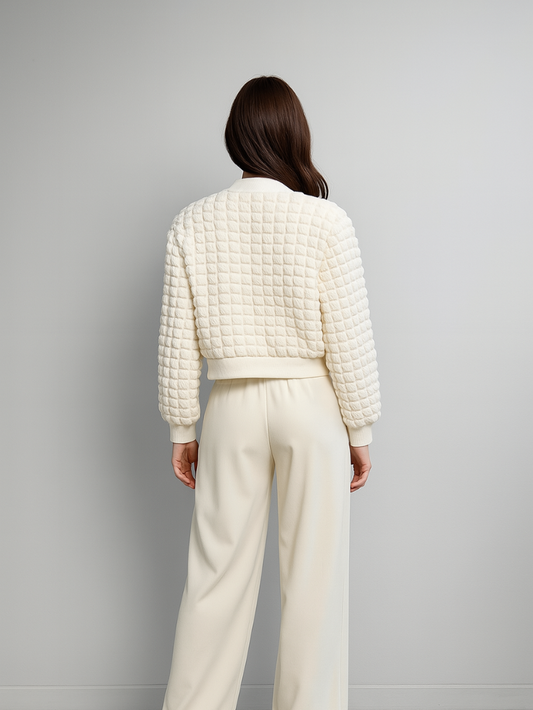 彈性泡泡格甜美百搭外套(奶油色)LI1005