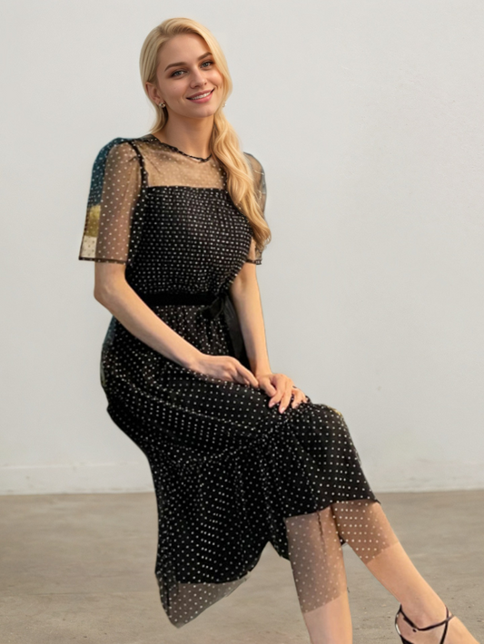 氣質圓領波點網紗魚尾洋裝E1019