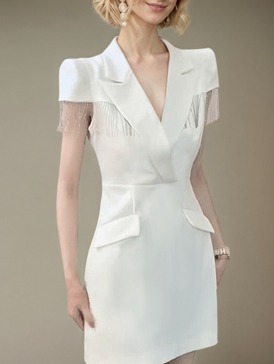 氣質西裝領流蘇修身連身裙(白)E1021