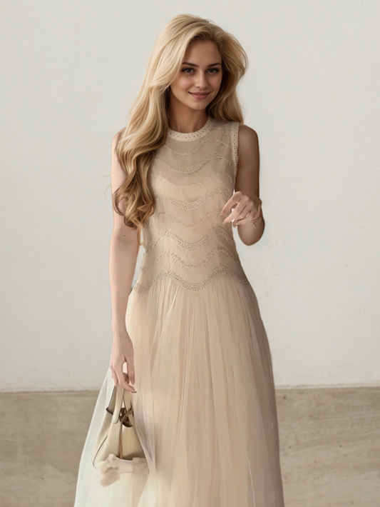 手工編織氣質拼接仙女洋裝E1024