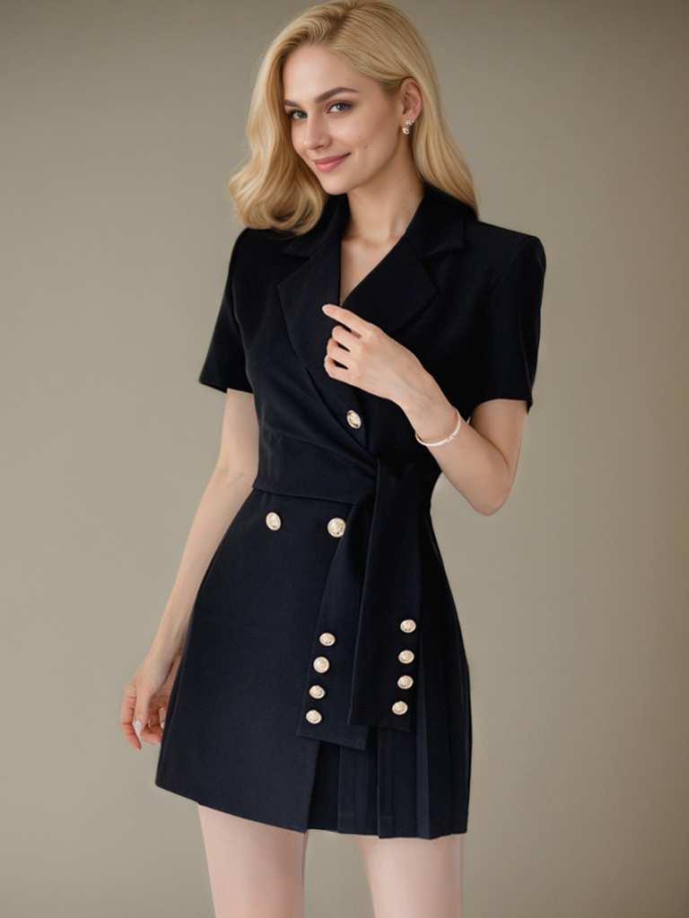 氣質西裝領帶收腰洋裝E1006