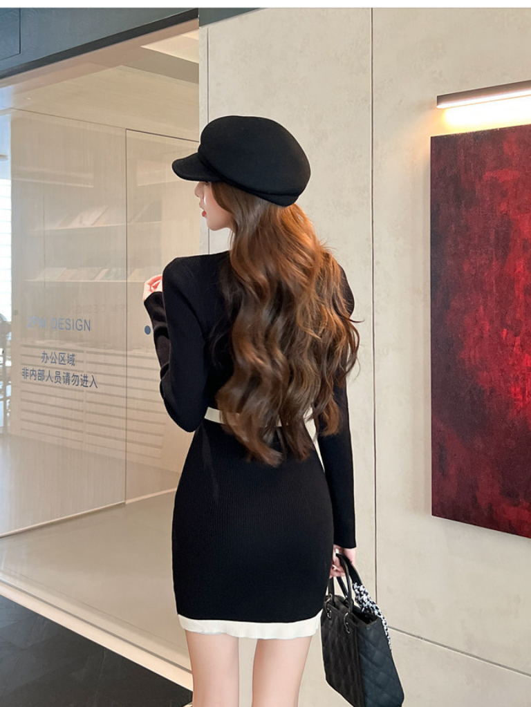 小香風撞色V領氣質收腰針織裙K1043