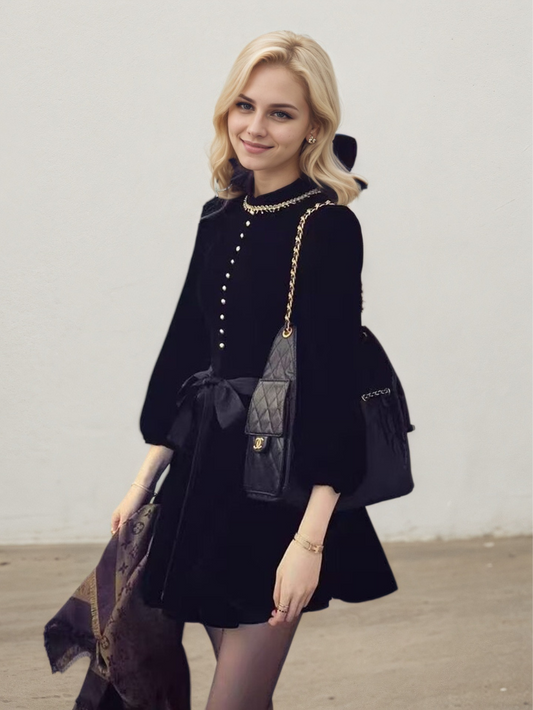 氣質復古黑色絲絨洋裝★E1004