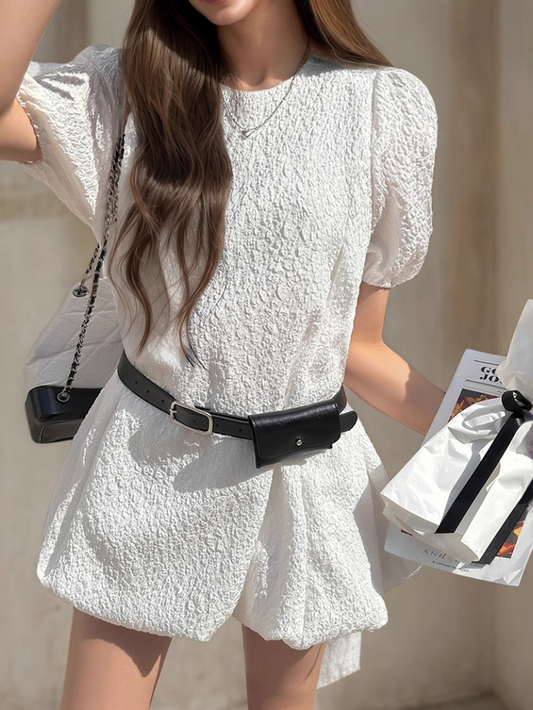 時尚花苞氣質短洋裝(白)E1015