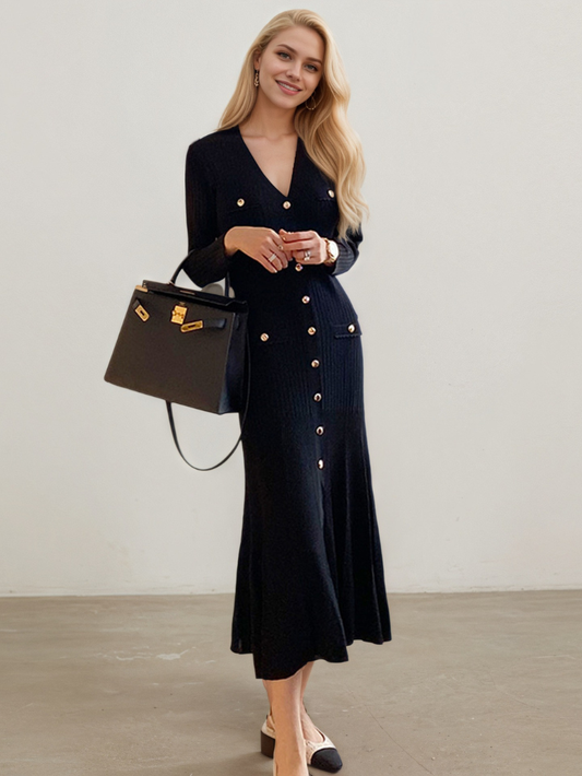 韓版氣質V領修身針織連身裙K1045