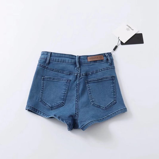 修身高彈性開叉高腰牛仔短褲(深藍)DE1011