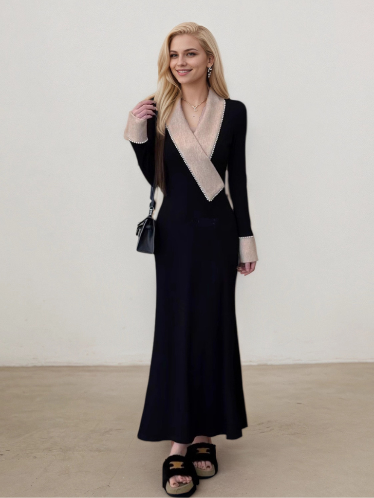 甜心款加絨氣質V領珍珠連身裙E1031