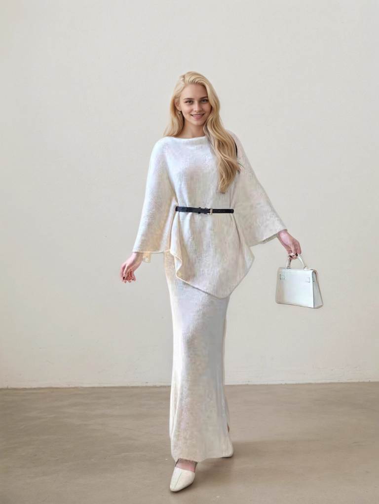 氣質慵懶風針織斗篷罩衫套裝(杏)K1017