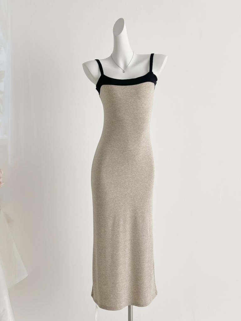 撞色吊帶修身長裙兩件套★E1003