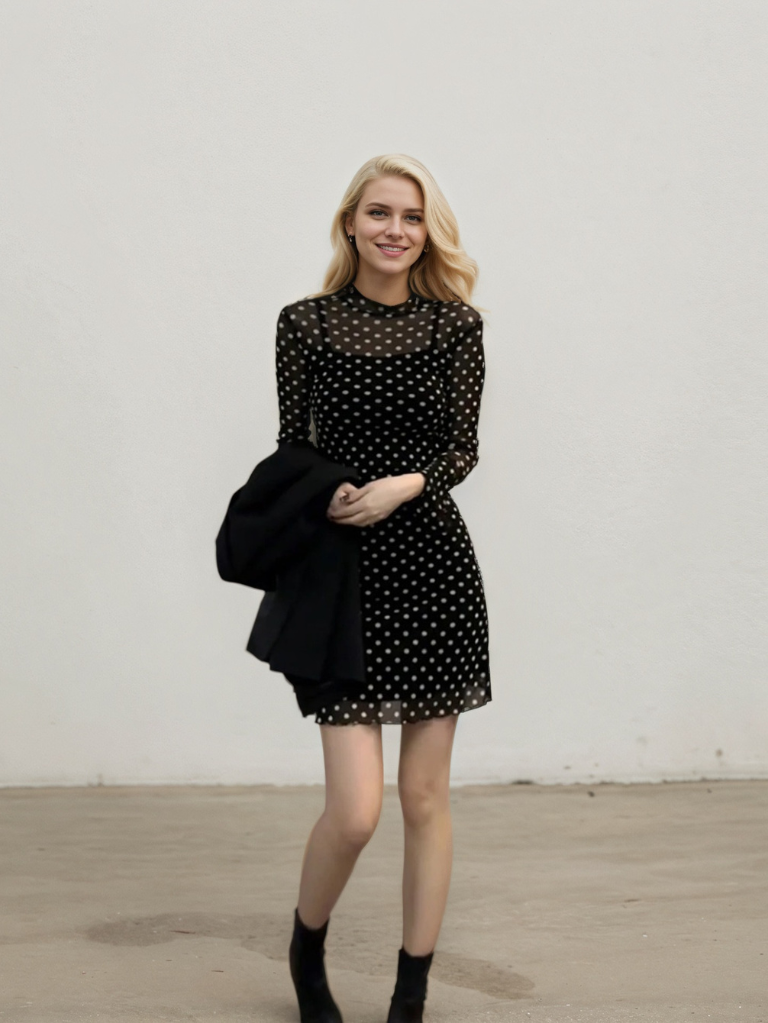 時尚圓領修身波點修身洋裝E1002