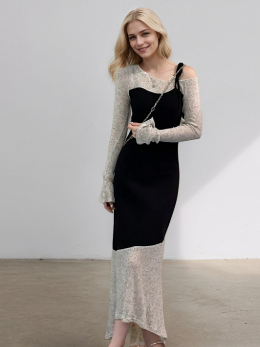 拼色不規則假兩件喇叭袖針織連身裙★K1008