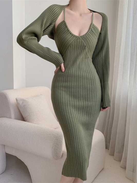 氣質長袖披肩兩件套針織洋裝(綠)K1023