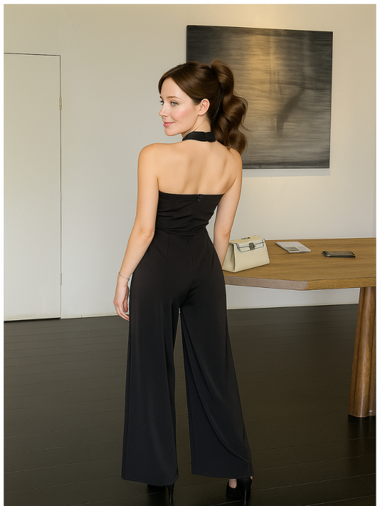 黑色掛脖氣質無袖連身褲JU1001