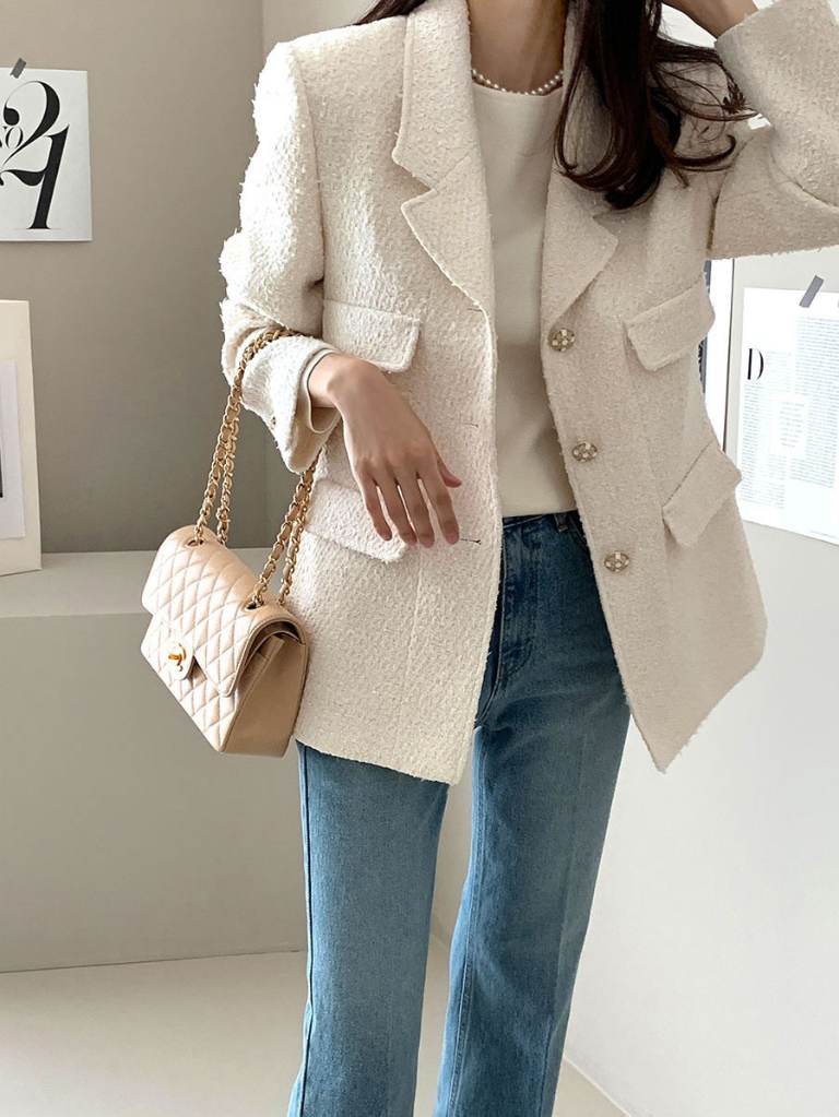 Chic小香風外套修身西裝外套(白)B1006