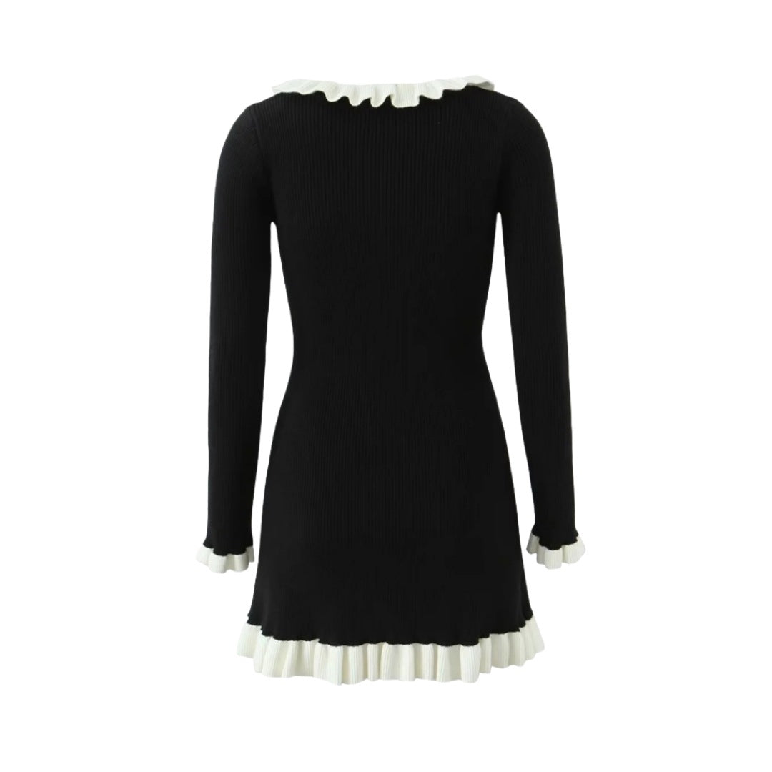 法式復古小香風荷葉領長袖針織洋裝2色K1019