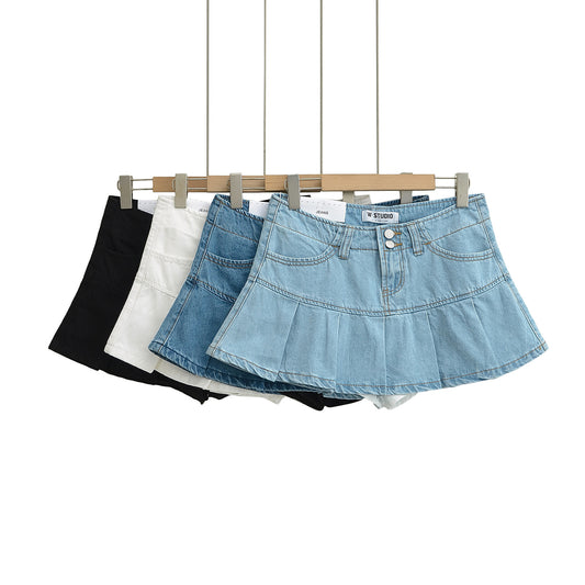 高腰顯腿長水洗牛仔百褶裙(深藍)DE1006