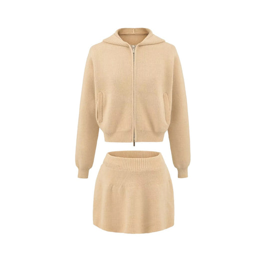 純色連帽雙拉鍊針織套裝(卡其)AT1011