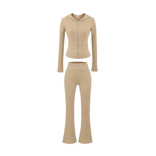 高腰性感連帽拉鍊微喇叭褲套裝(卡其)AT1006