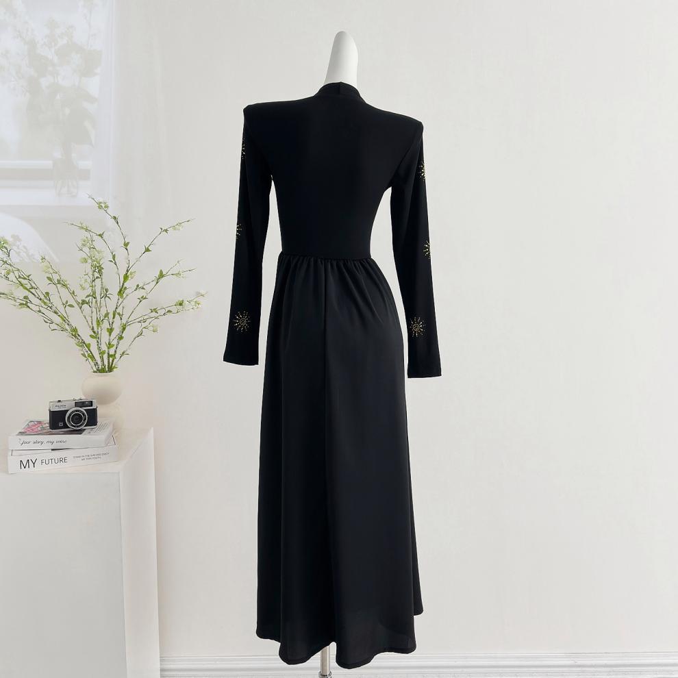 法式新款燙鑽太陽花長袖洋裝E1029