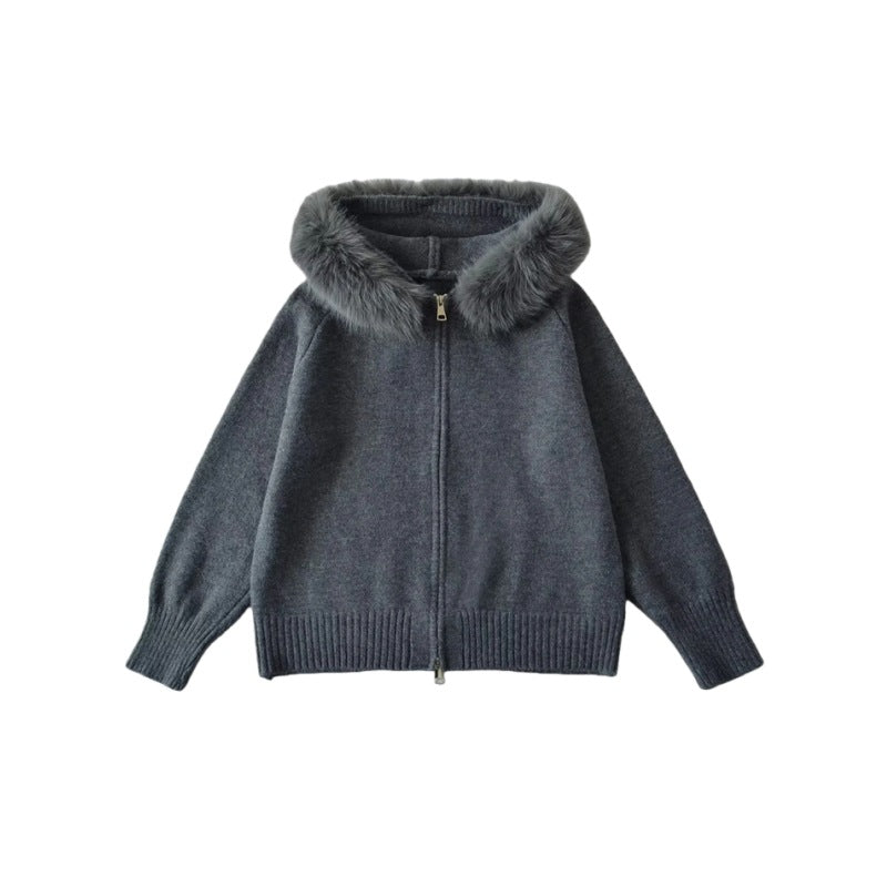 復古毛毛連帽拉鍊長袖針織外套(深灰)LI1006