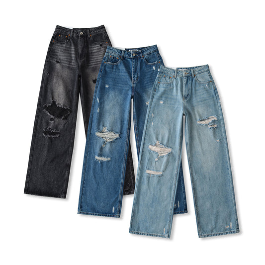 復古休閒高腰設計感洞洞牛仔褲(黑)DE1004