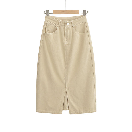 美式復古A字高腰開叉牛仔裙(米)DE1017