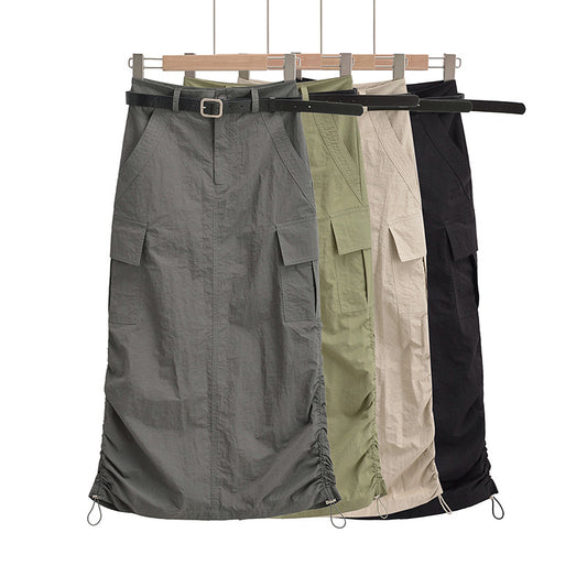 高街風腰帶後開叉工裝長裙(杏)