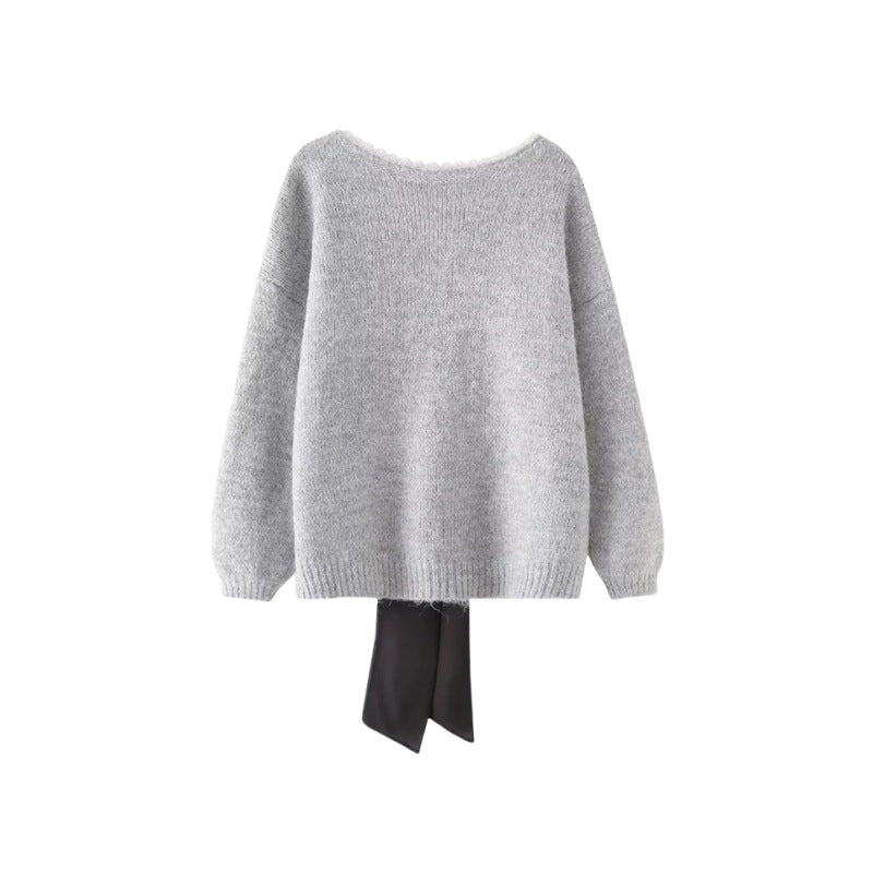 後背大V領蕾絲花邊針織衫(灰色)KN1008