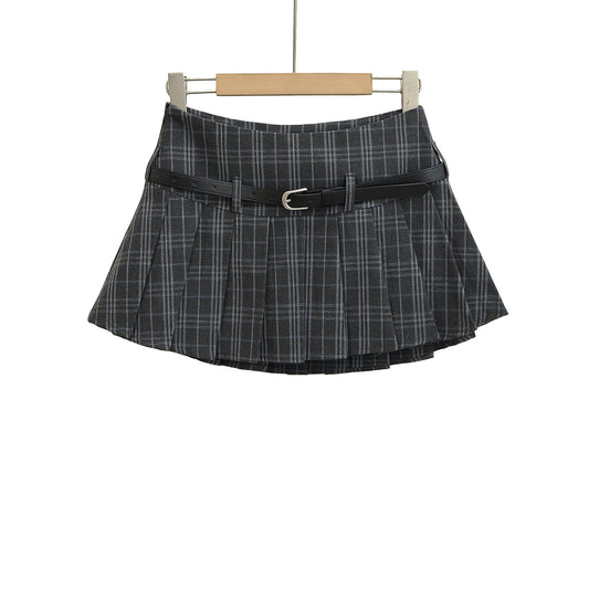 復古格紋低腰配腰帶百褶短裙(黑格子)