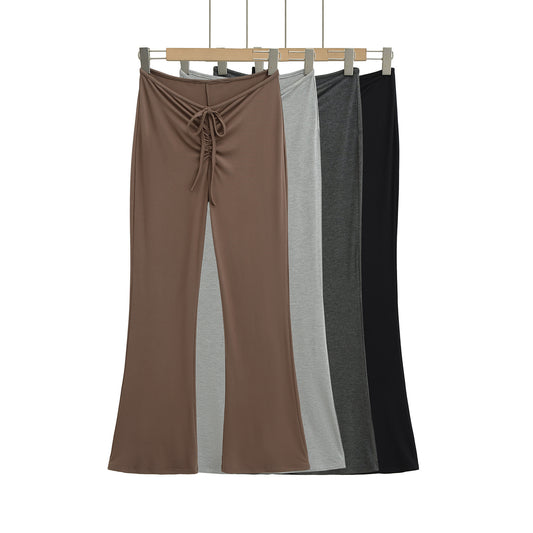 性感V腰抽繩繫帶喇叭休閒褲(黑)