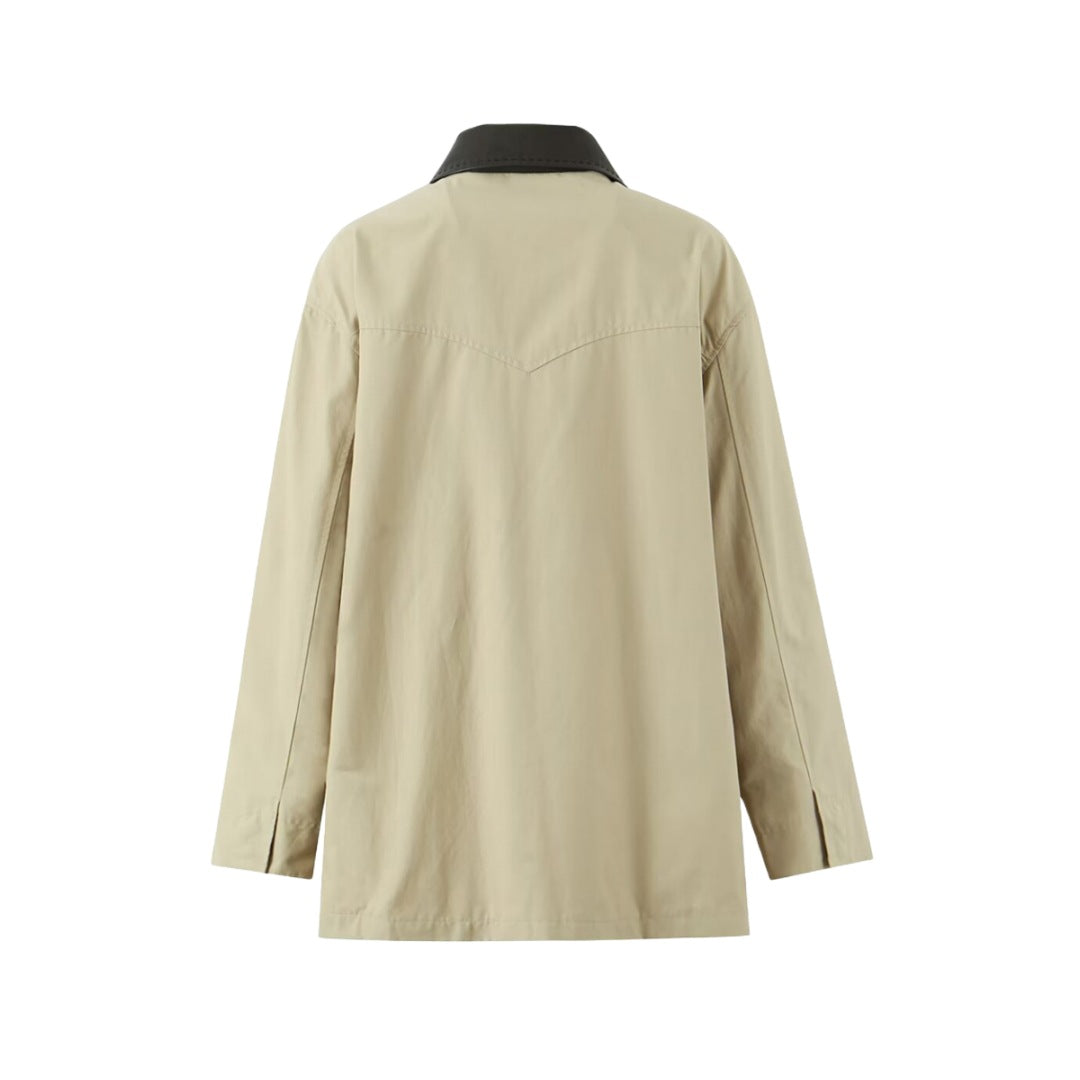 復古翻領拼色皮領風衣外套C1007