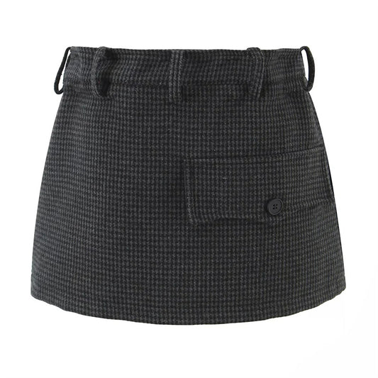 法式復古褶皺設計毛呢短裙(格紋灰)