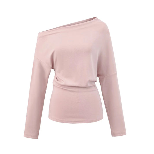 個性斜肩寬鬆休閒長褲套裝(霧粉)AT1007