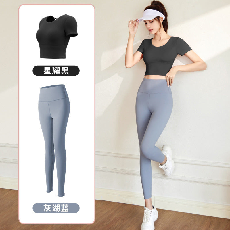 美背裸感帶胸墊瑜珈套裝(星耀黑+灰湖藍)