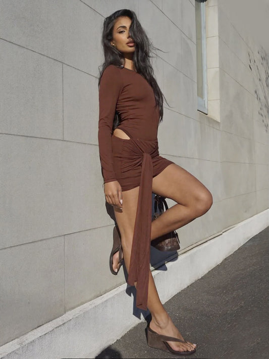 性感圓領綁帶鏤空長袖洋裝FI1024