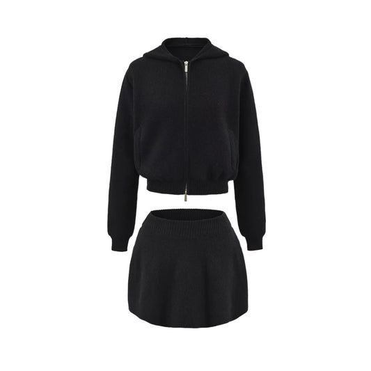 純色連帽雙拉鍊針織套裝(黑)AT1011