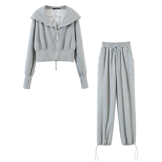 韓版寬鬆淨面連帽褲套裝(灰色)AT1004