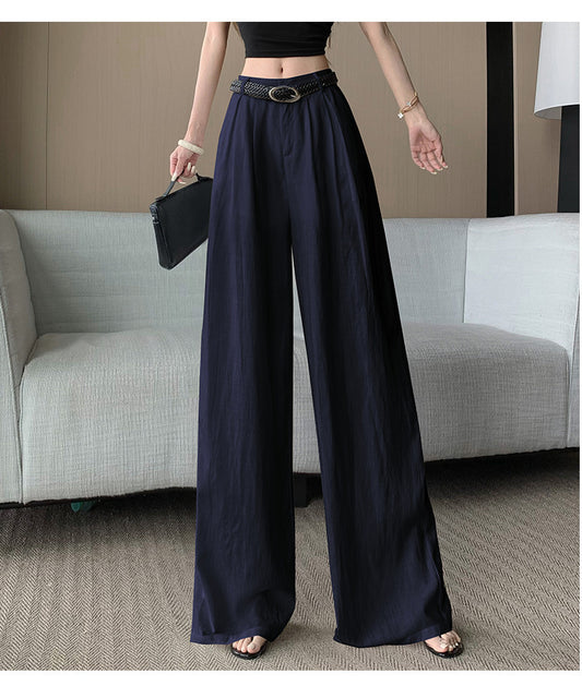 時尚簡約慵懶風亞麻寬褲(深藍色)