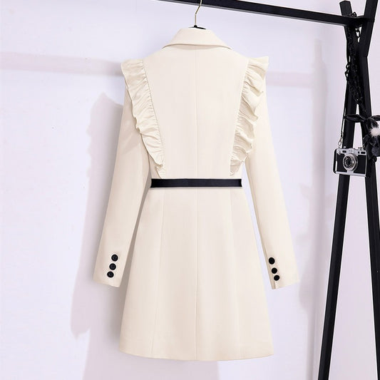 設計感荷葉邊長袖西裝裙(杏)B1004