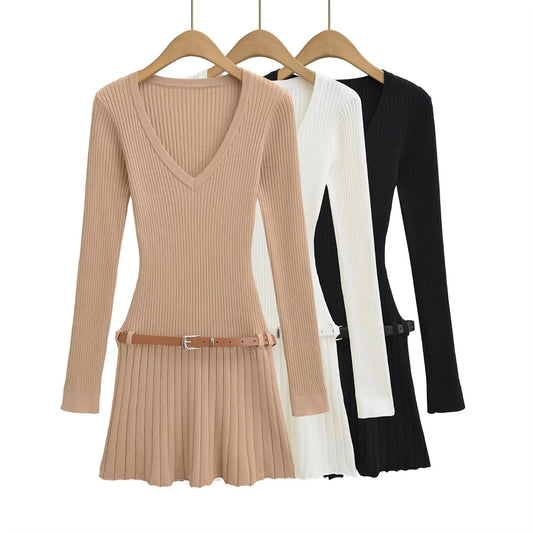 深V領復古長袖洋裝(卡其)KN1015