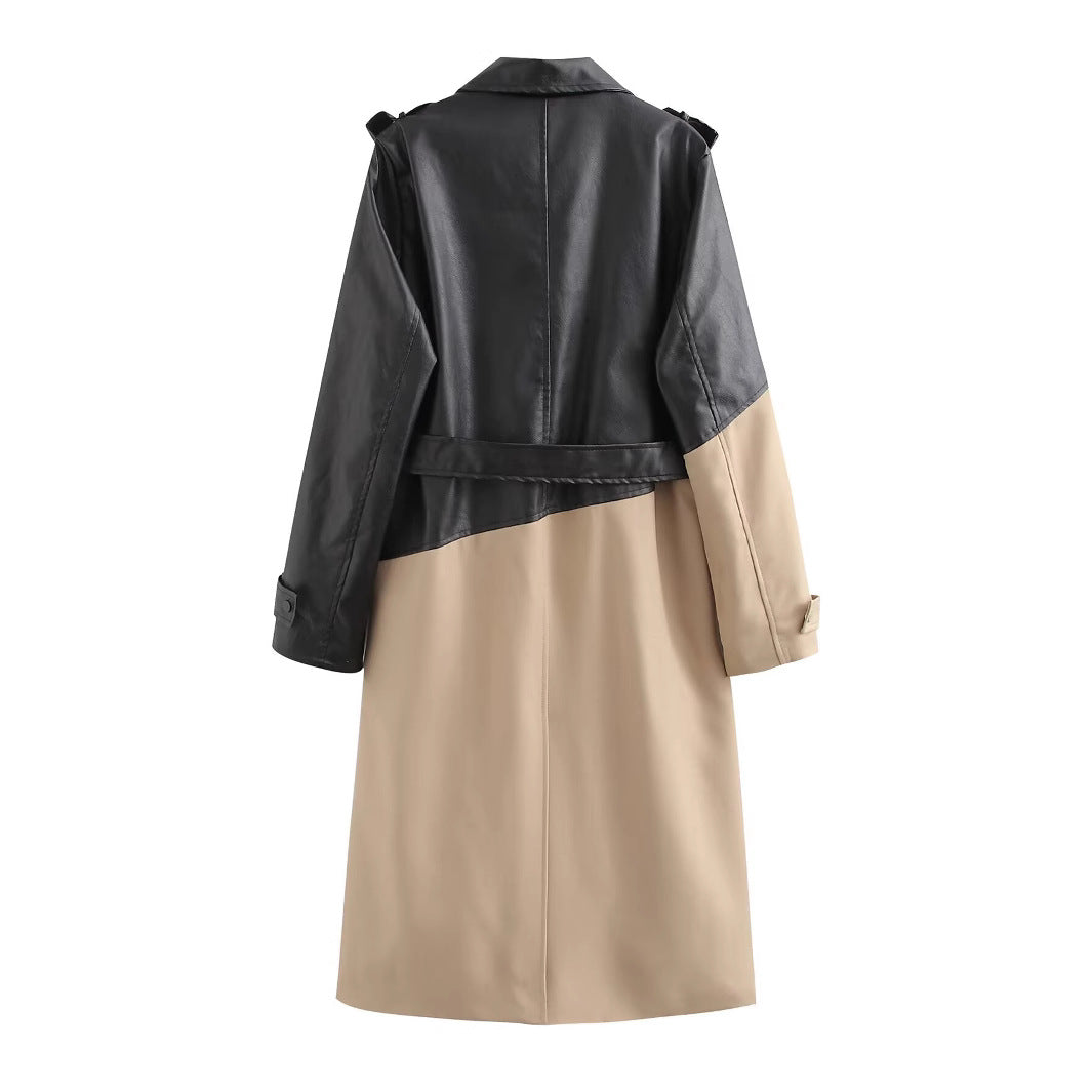 法式復古風皮革撞肩扣設計拼接風衣C1008