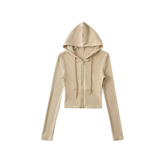 磨毛拉鍊修身微喇長褲套裝(卡其)AT1008