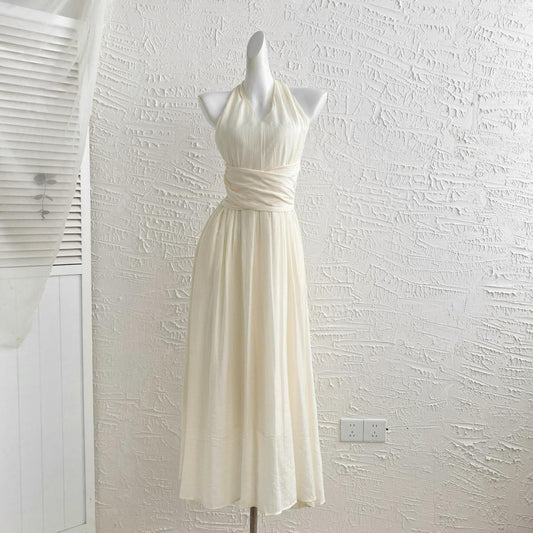 時尚收腰v領口袋連身裙(杏)E1007